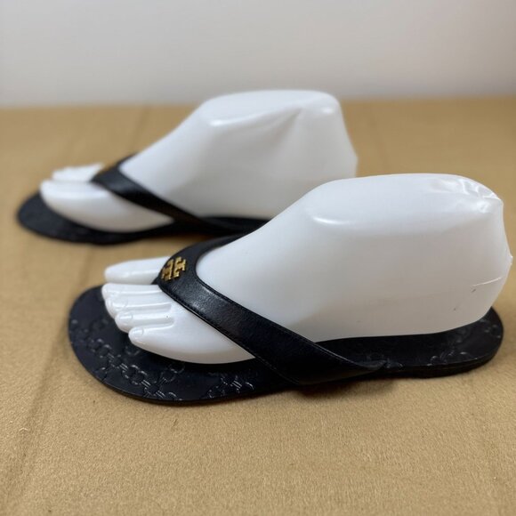 Tory Burch Monroe Black Leather Logo Flip Flops Womens Size 8M Embossed Sole - Picture 4 of 10